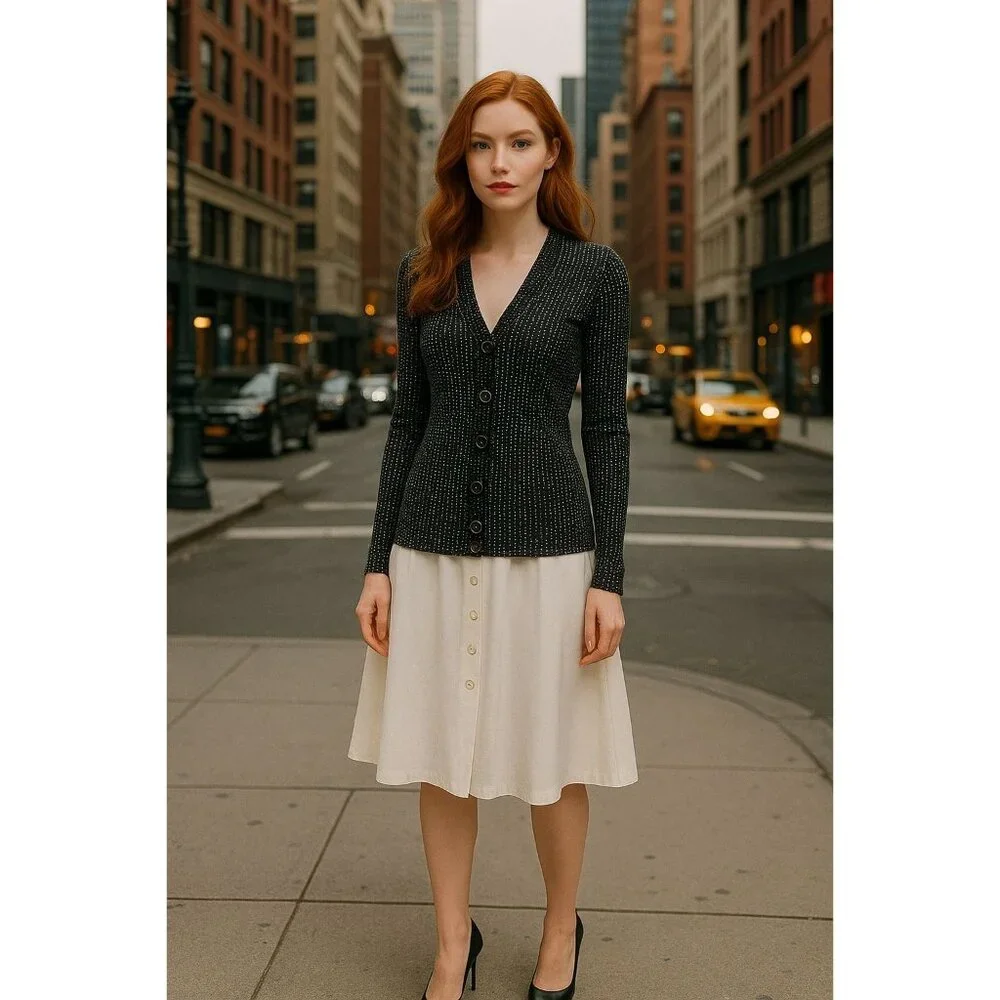 Tory Burch XS Wool Cardigan Button Front Long Sleeve Jacket Micro-Dot Preppy